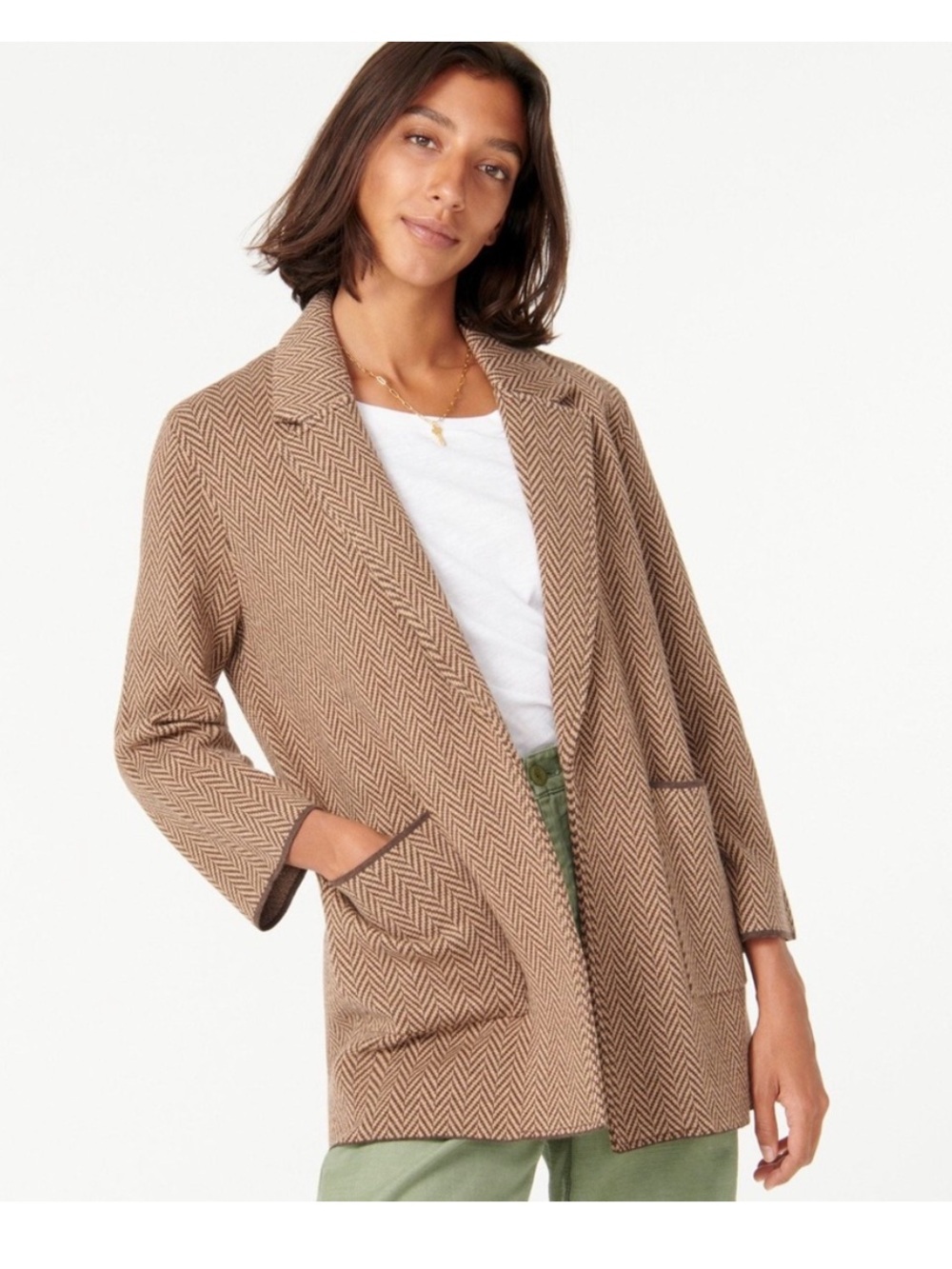 J. Crew Sophie open front sweater blazer cardigan wool cotton chevron brown xs